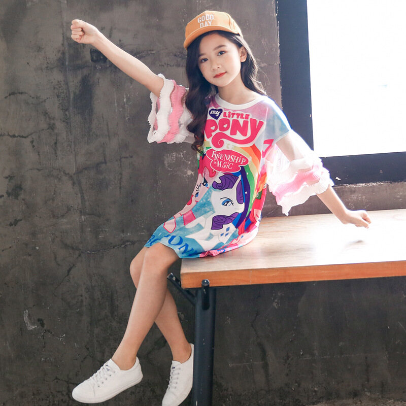 Girl Cartoon Little Pony T-Shirt Korean Summer Dress Casual Little Mary Mesh Tops 110-160cm