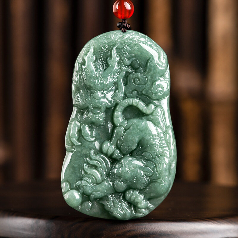 TIMESWIND Natural Jade Green with Certificate Dragon Tiger Ice Men Pendant Necklace Y1N