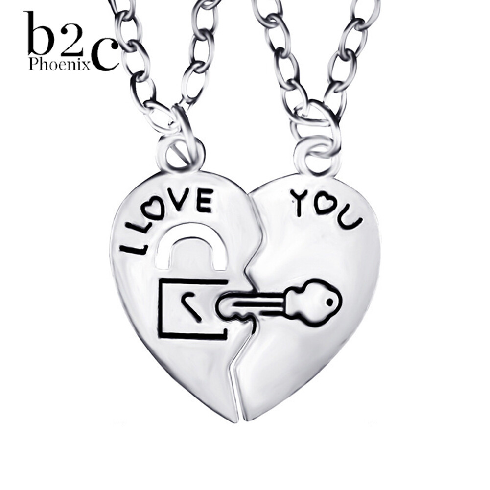 Phoenix B2C I Love You Heart Lock Key Couple Pendant Necklace Lovers Jewelry Sweet Gift