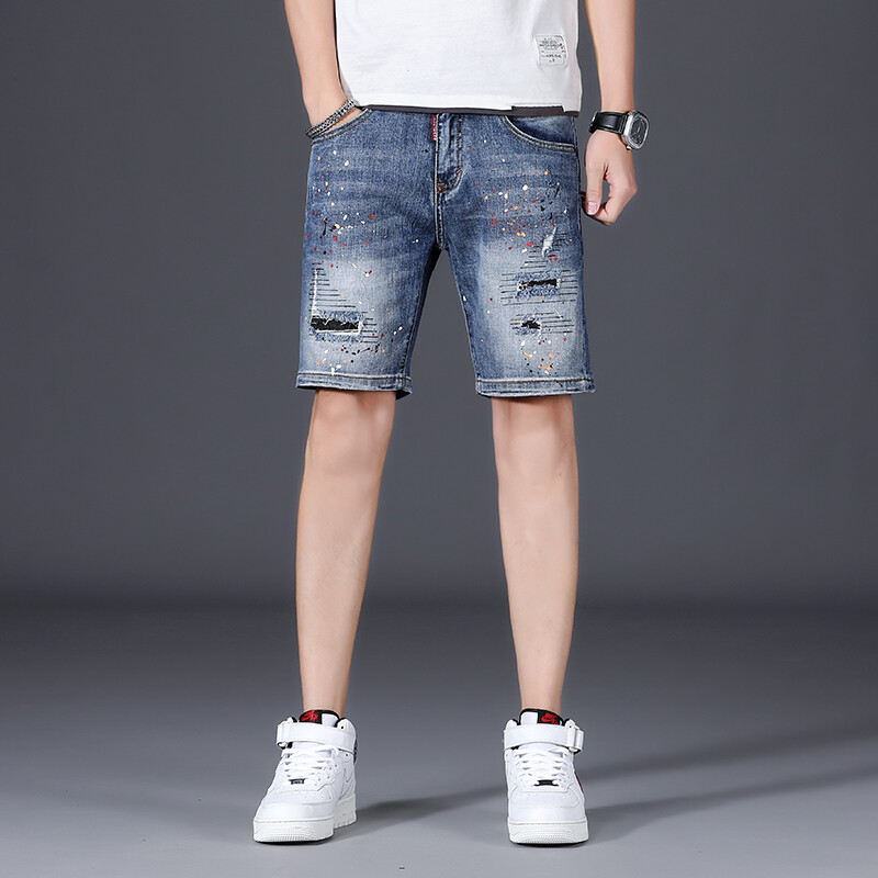 High quality fashion brand perforated denim shorts men's new loose straight shorts in summer men's elastic ink splashing Capris