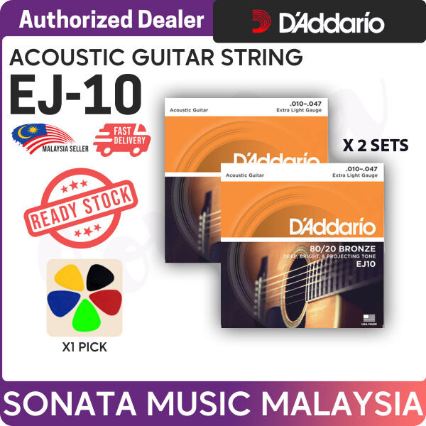 Daddario EJ10 80/20 Bronze Acoustic Guitar Strings 10-47 Extra Light Gauge Daddario D Addario (EJ 10) - 2 units Free Guitar Pick Malaysia