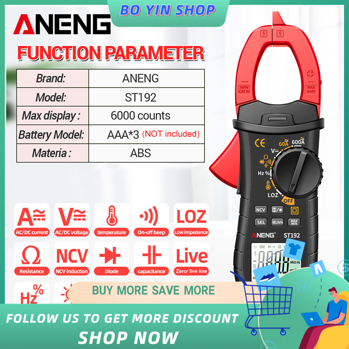 BO YIN ANENG ST192 600A DC AC Clamp Meter 6000 Counts Auto-ranging Digital Multimeter LCD Screen Voltage Current Detector Pen Temperature Measuring LED Flashlight Multifunction Voltage Meter Continuity