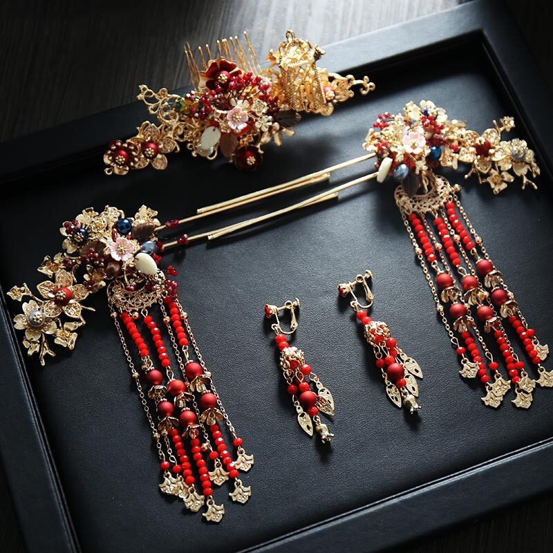 T-B New Chinese Bridal Headdress Phoenix Coronet Ancient Costume Simple Elegant Xiuhe Clothing Buyao Tassel Bride wedding Hair Accessories 4-piece set