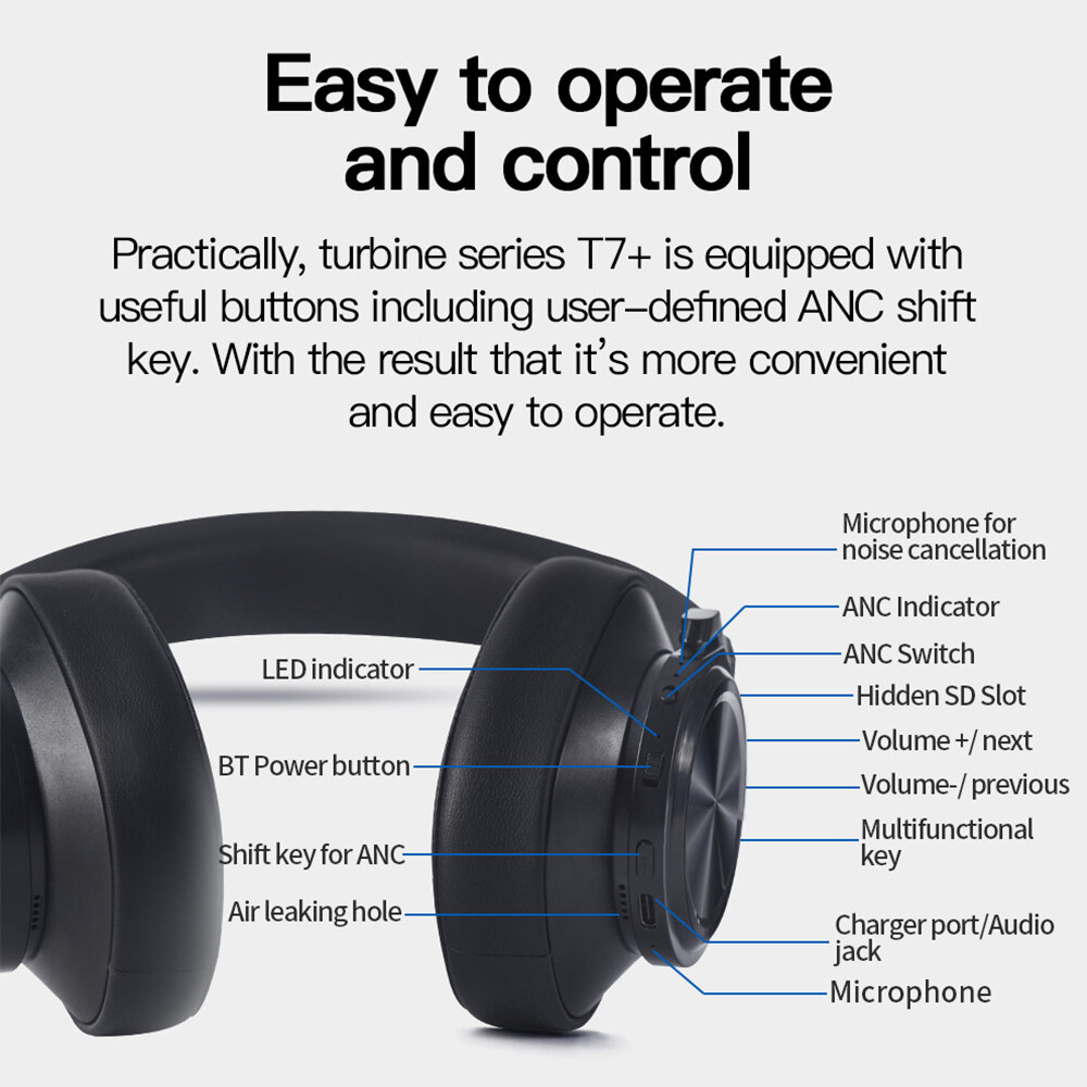 Bluedio T7 Plus Bluetooth Headphones ANC Active Noise Cancelling Wireless Headset for Phones