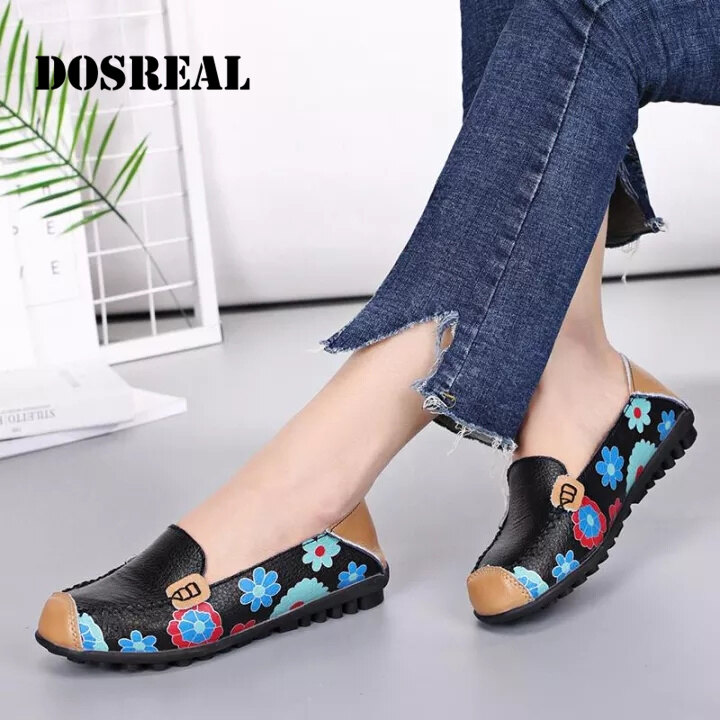 DOSREAL fashion women flat shoes women genuine leather flat ladies shoes female cutout slip on flower ballet flat loafers