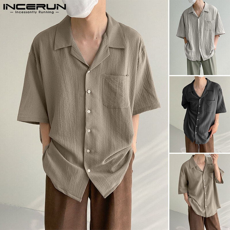 Medussa INCERUN Men's Turn-Down-Collar Solid Tops Simple Loose Button Down Shirts (Korean Style)