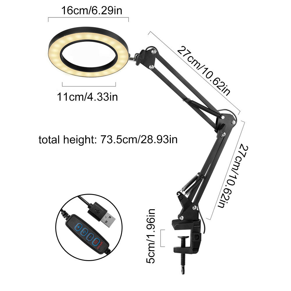 Kính lúp quang học 10X Gaqqee có thể điều chỉnh độ sáng, dạng đèn led xoay vòng 360 độ đọc sách với giá đỡ điều chỉnh được độ dài-INTL