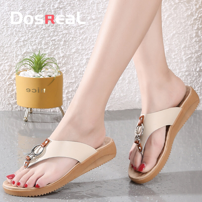 DOSREAL Summer Sandals For Women Leather Beach Flip Flops Slip On Outdoor Slippers Women Flat Casual Shoes For Women Slippers