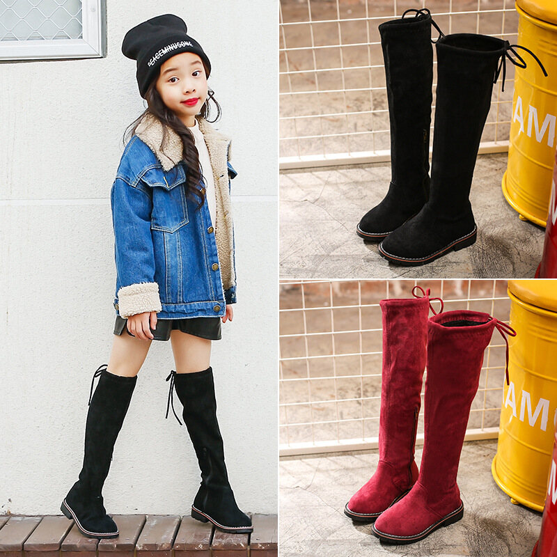ECHOLI Winter Kids Boots Girls Cute Sweet Flat Knee Boots Solid Color Children Girl Student Anti-slip Snow Boots