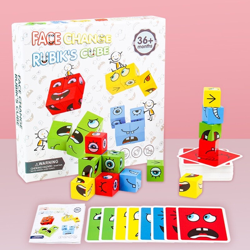 Khối Xếp Hình Biểu Cảm Bằng Gỗ Khối Xây Dựng Đồ Chơi Giáo Dục Montessori Thay Đổi Khuôn Mặt Ma Thuật
