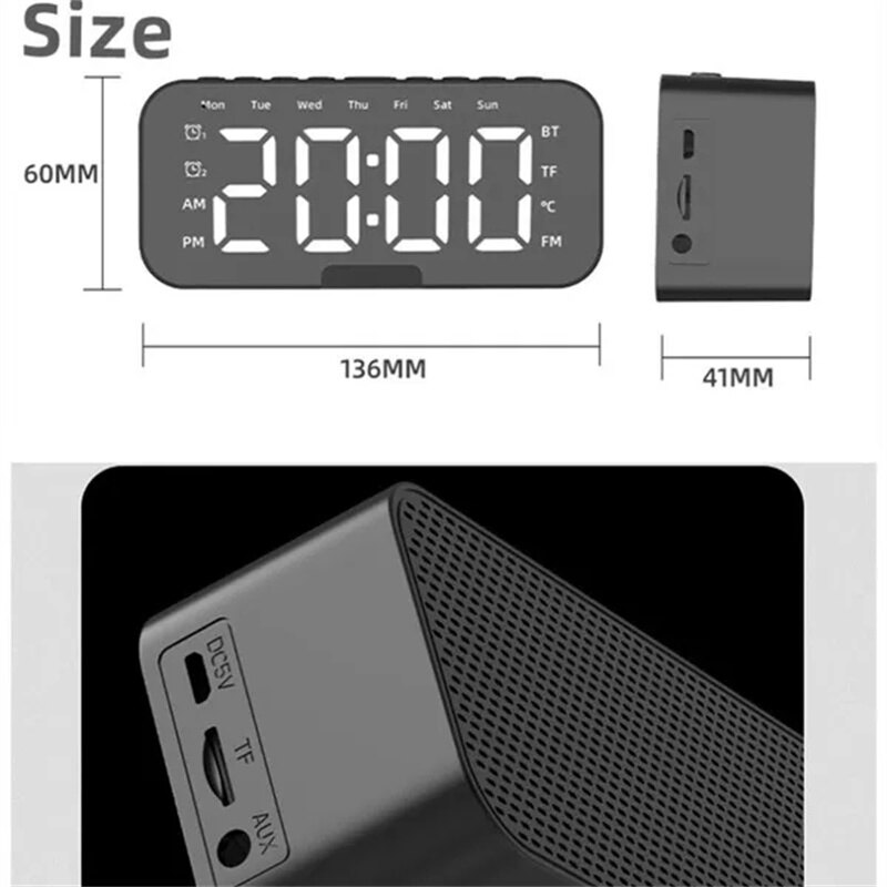 Desktop alarm clock, Bluetooth wireless audio, mini LED mirror digital clock, mobile phone speaker, gift, stereo sound effect