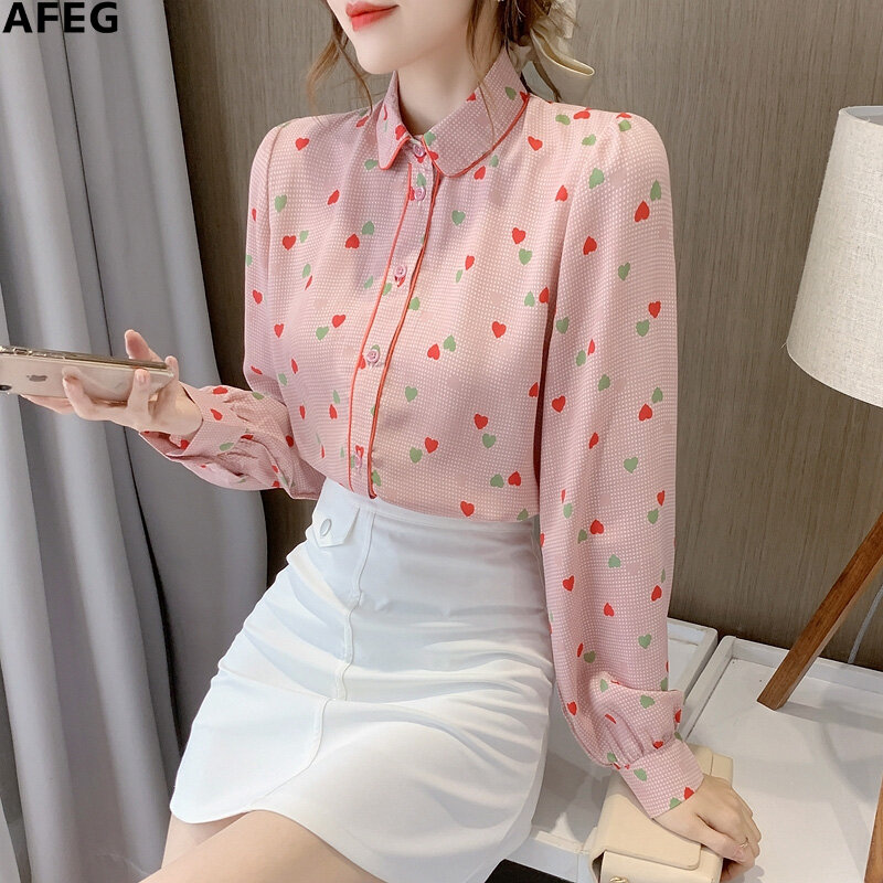 AFEG new Korean style shirt collar fashion loose all-match printed chiffon long-sleeved shirt for women