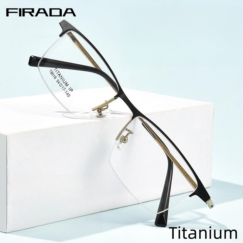 FIRADA Fashion Comfortable Eyeglasses Vintage Titanium Square Half Frames Eyewear Business Prescription Glasses Frame Men T8016B