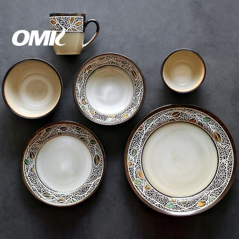 Omk phong cách Mỹ đồ đá Bộ đồ ăn đĩa ăn tối salah bát cốc Bộ Bộ đồ ăn bằng gốm