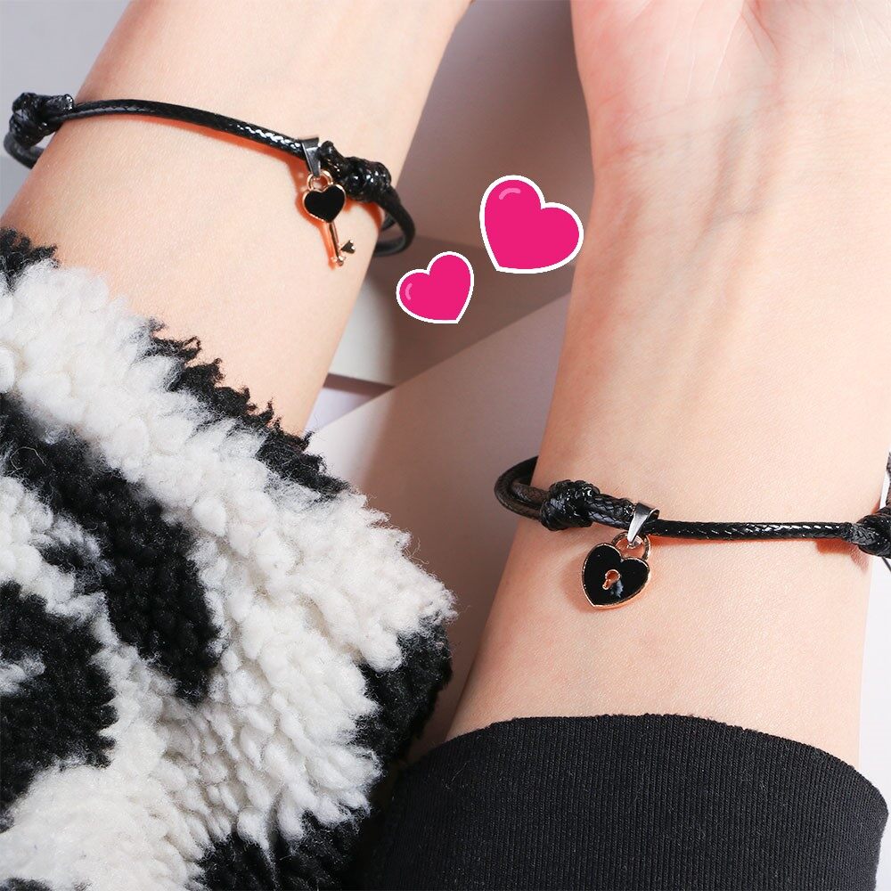 2 PCs Couple Bracelet Alloy key Heart Lock Charm  Size Adjustable Bracelet Handmade Jewelry Rope Bracelet Birthday Anniversary Set Gift for Women Men Boyfriend Girlfriend Him Her Best Friends