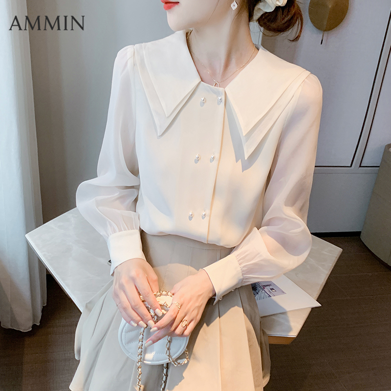 AMMIN long-sleeved chiffon shirt For women Korean color matching doll collar top Lady fashion wild blouse