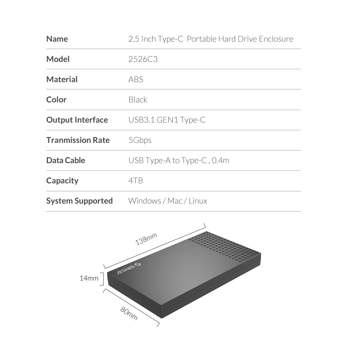 ORICO Vỏ Ổ Cứng SATA Sang USB3.0 Vỏ Ổ Cứng Gắn Ngoài Type-C 2.5 Inch Cho Vỏ Ổ SSD/HDD 7-9.5Mm...