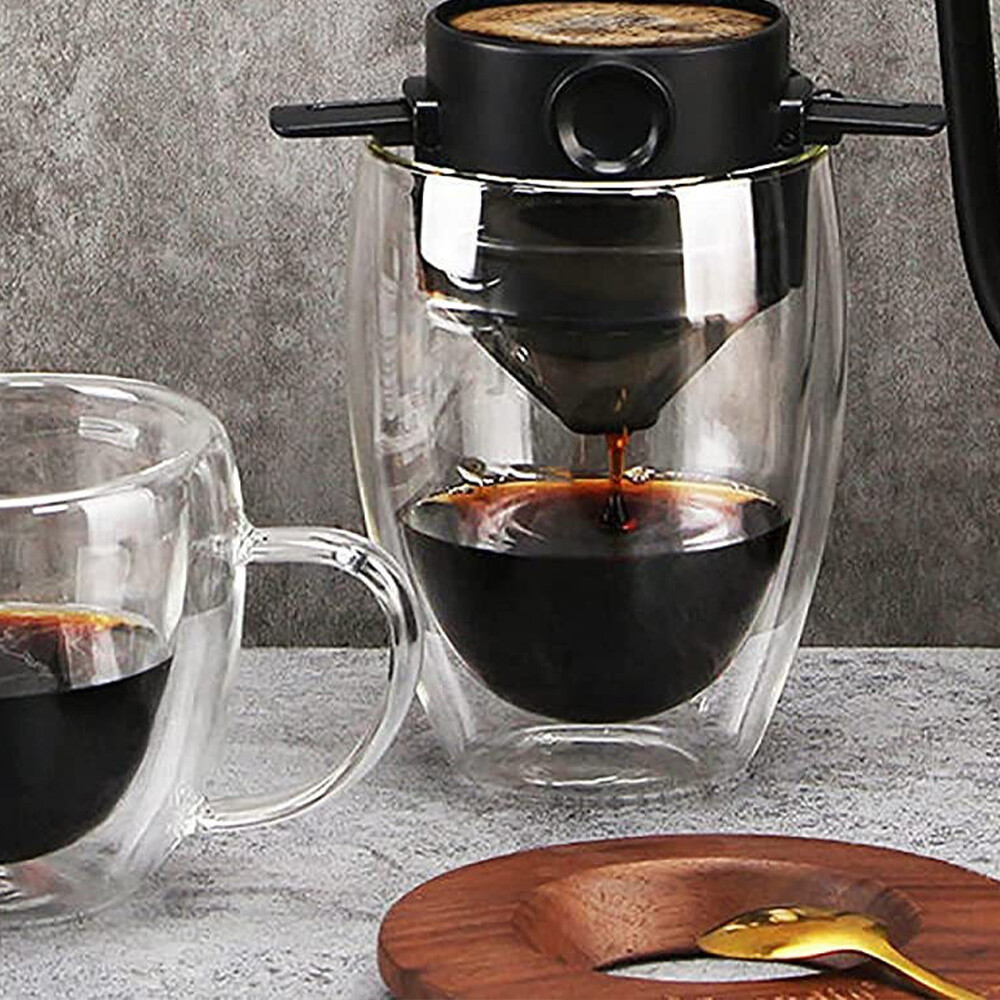 Coffee Filter Cup Telescopic Drip Coffee Filter 304 Stainless Steel Double-layer Drip Coffee Dripper Foldable Tea Infuser Mesh Paperless Portable Holder