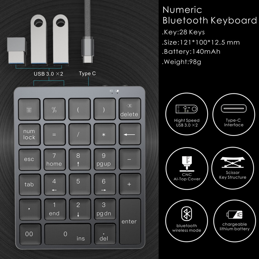 Bàn Phím Số S970 3.0 Bluetooth + Có Dây + Hub * 2, Cấu Trúc Chìa Khóa Kéo 28 Phím Bàn Phím Kỹ Thuật Số Không Dây Tiện Dụng Mỏng Dành Cho Máy Tính PC Laptop