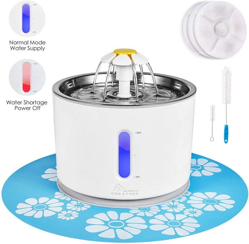 Đài Phun Nước Cho Mèo Bằng Thép Không Gỉ, Máy Bơm Tự Động Thông Minh 81Oz/2.4L, Đài Phun Nước Cho Thú Cưng, Vòi Phun Nước Cho Mèo Với 3 Bộ Lọc, 1 Chiếu Và 2 Cọ Vệ Sinh, Cửa Sổ Mực Nước Có Đèn Led