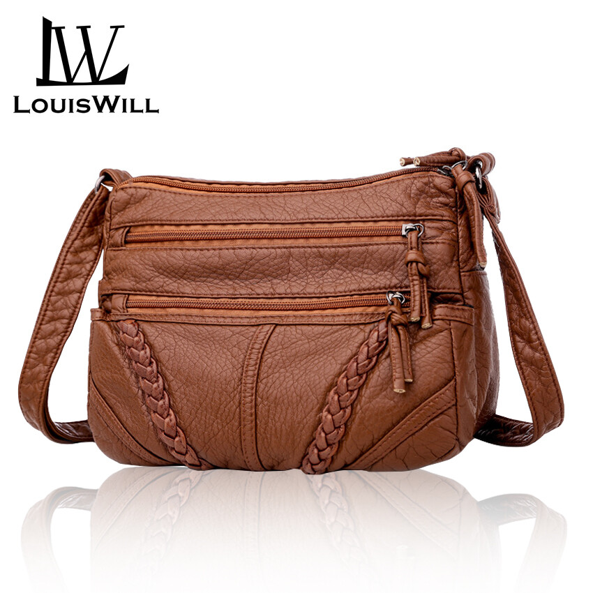 LouisWill Crossbody Shoulder Bag Soft Leather Bag Female Fashion Simple European American Trend Retro Multi-pocket Large Capacity Water Resistant Sling Bag