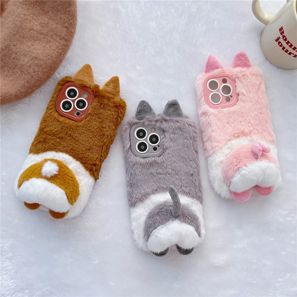 Plush dog back case for iphone 11 12 13 14 pro max casing cute cartoon back cover for apple iphone 7 8 plus xr xs max shockproof phone case for boy girl