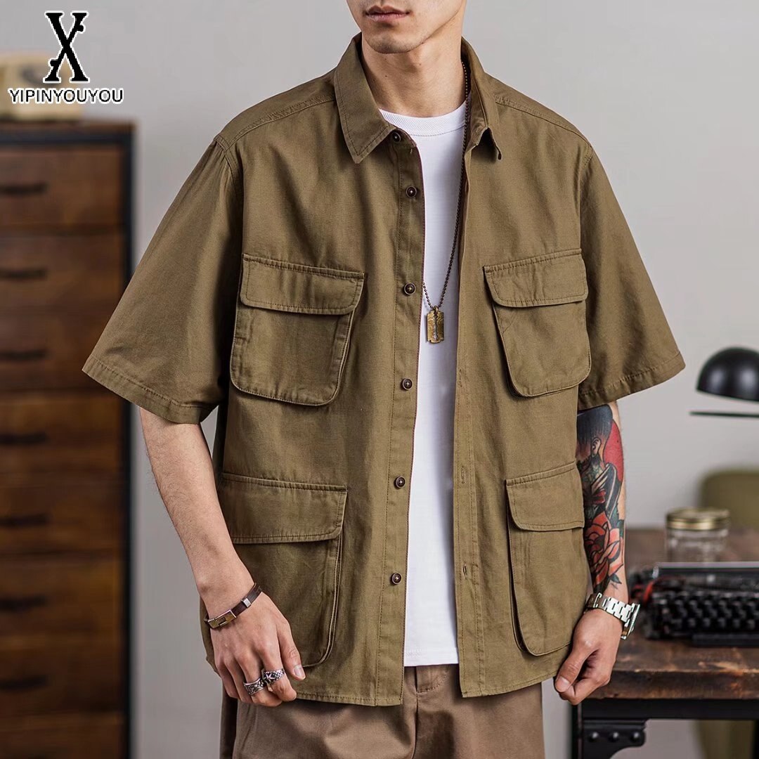 YIPINYOUYOU丨Men's Vintage Short Sleeve Shirt American cargo shirt cotton Khaki multi-pocket casual shirt