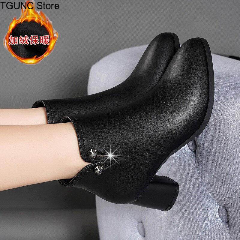 TGUNC Store Genuine Leather Dr. Martens Boots - Warm Winter Short Tube Square Heel Round Toe Boots for Women - High Heel Zipper Boots - Slim Korean Style Boots for Women