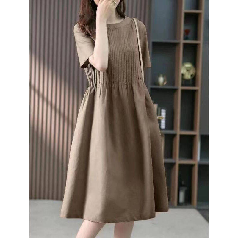 Cotton and Linen Dress Women's Mid-length 2022 Summer New Korean Style Fashion Temperament Loose and Thin Mid-length Skirt Women
