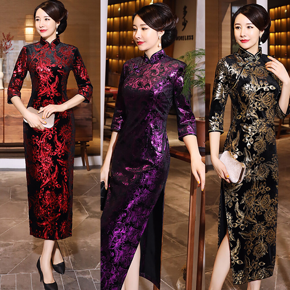 Benferry Women 3/4 Sleeve Long Split Floral Printed Chinese Cheongsam Midi Slim Dress