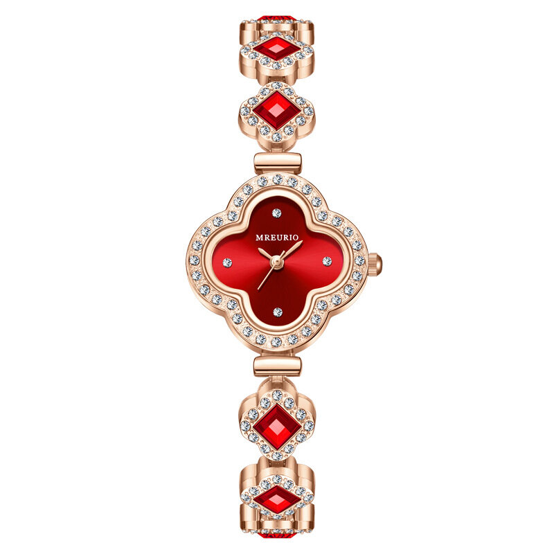 Green Four Leaf Grass Dial Bracelet Quartz Watch Set with Diamond Jewel Women's Watch