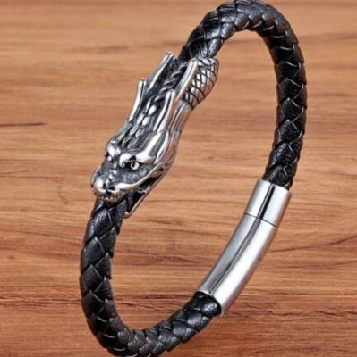 Men's Fashion Classic Retro Wrist Jewelry Gift Punk Personality Hand-Woven Leather Stainless Steel Chinese Dragon Magnetic Buckle Motorcycle Bracelet