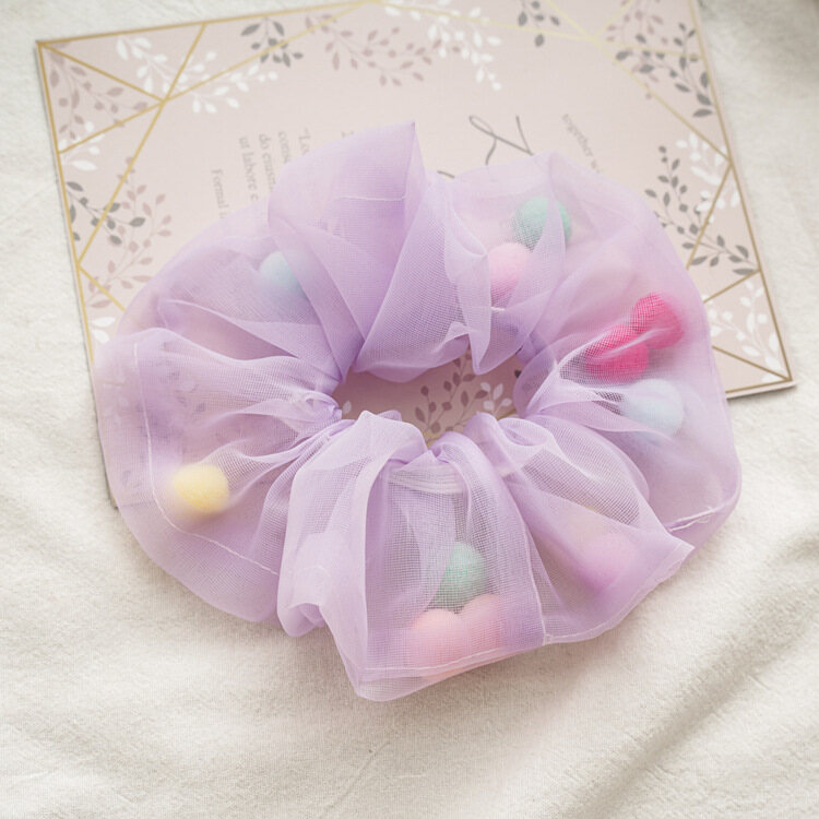 Women Hair Tie Rope Organza Scrunchie with Color Mesh Gauze Ball Cute Bead Princess Headwear Elastic Hair Bands