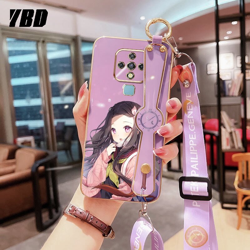 YBD New Design Cute Cartoon Characters Pattern Phone Case Compatible For  Infinix Tecno Camon 16 16 Pro Plating Casing Precise Camera Protection Case Wrist  Band Holder CE7 CE7j CE9h Cellphone Case Free