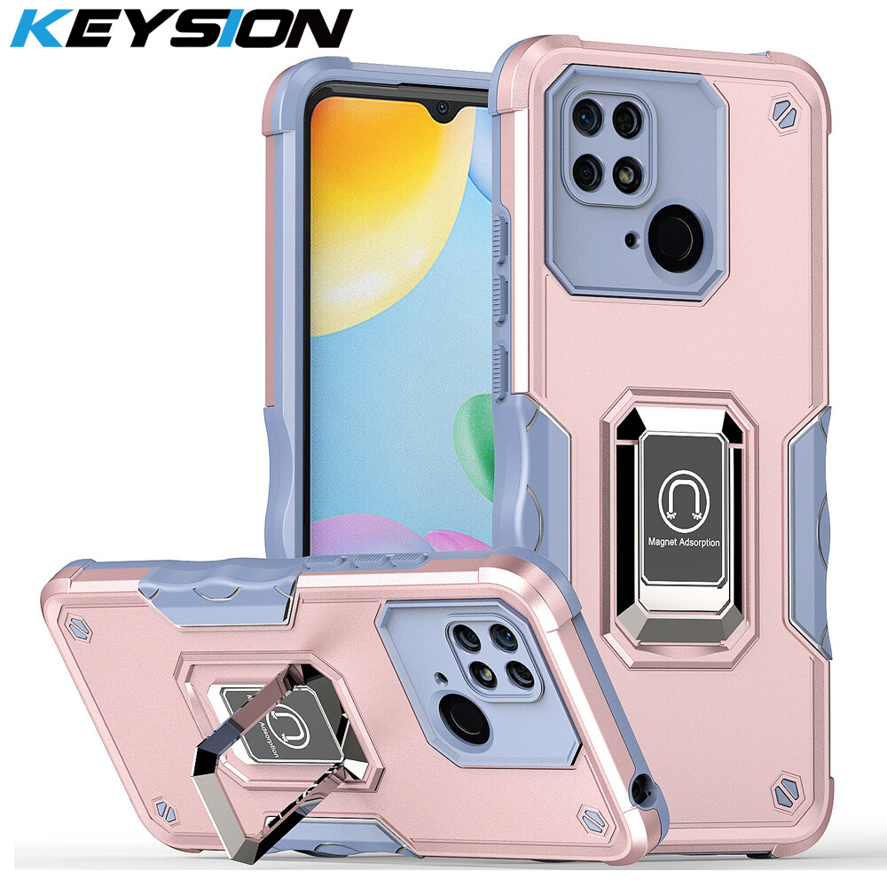 KEYSION Shockproof Armor Case for Redmi 10C 10A Ring Stand Phone Back Cover for Xiaomi Redmi Note 9 Pro 9S