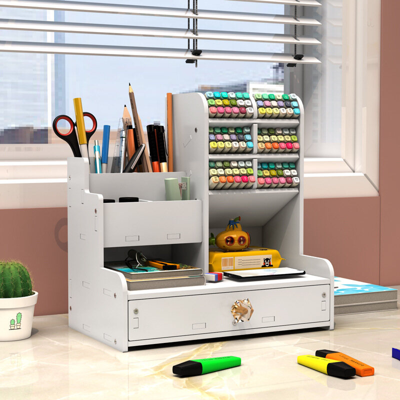 Desktop DIY pen holder storage box multi-functional office supplies stationery box large-capacity student wood plastic storage pen holder