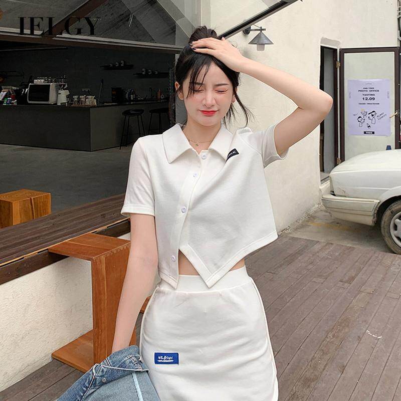 IELGY women's summer new style Korean irregular lapel t-shirt women's polo shirt short top short sleeve t-shirt