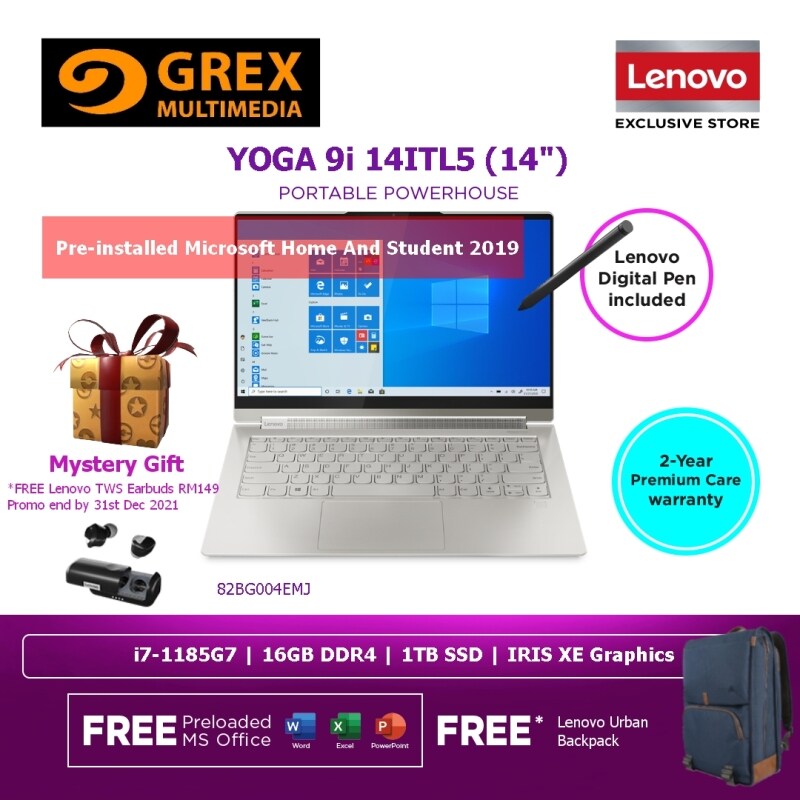 LENOVO YOGA 9 14ITL5 82BG004EMJ LAPTOP (I7-1185G7,16GB,1TB SSD,14 FHD IPS TOUCH,IRIS XE GRAPHICS,4 CELL,WIN10H) FREE BACKPACK + PRE-INSTALLED OFFICE H&S 2019 | *FREE Lenovo TWS Earbuds RM149 Promo end by 31st Dec 2021 Malaysia