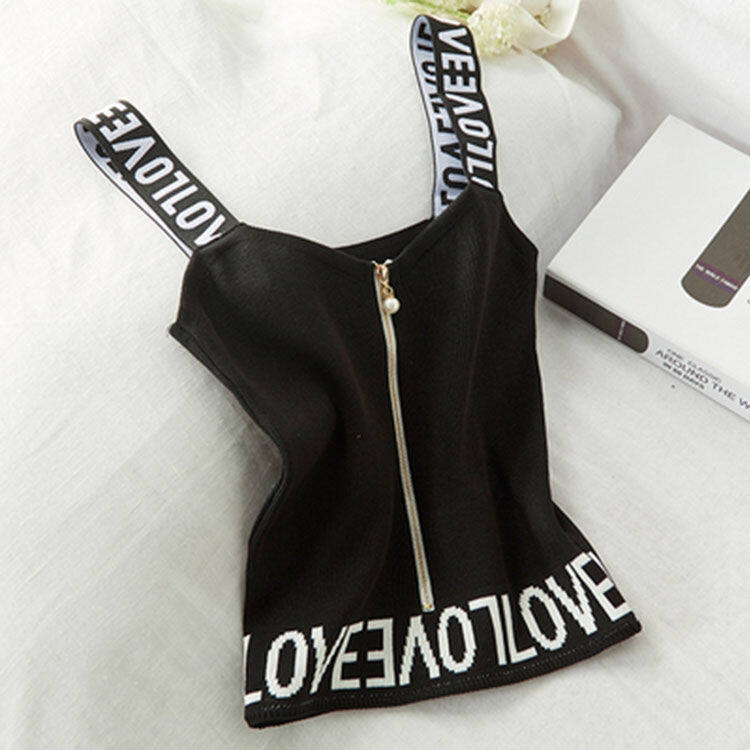 Women Alphabet Knitted Sling Pearl Zipper Small Vest Top