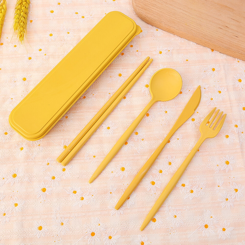 4pcs/set Cutlery Wheat Straw with Box Students Tableware Travel Portable Dinnerware Spoon Fork Chopsticks Kitchen Meal Box