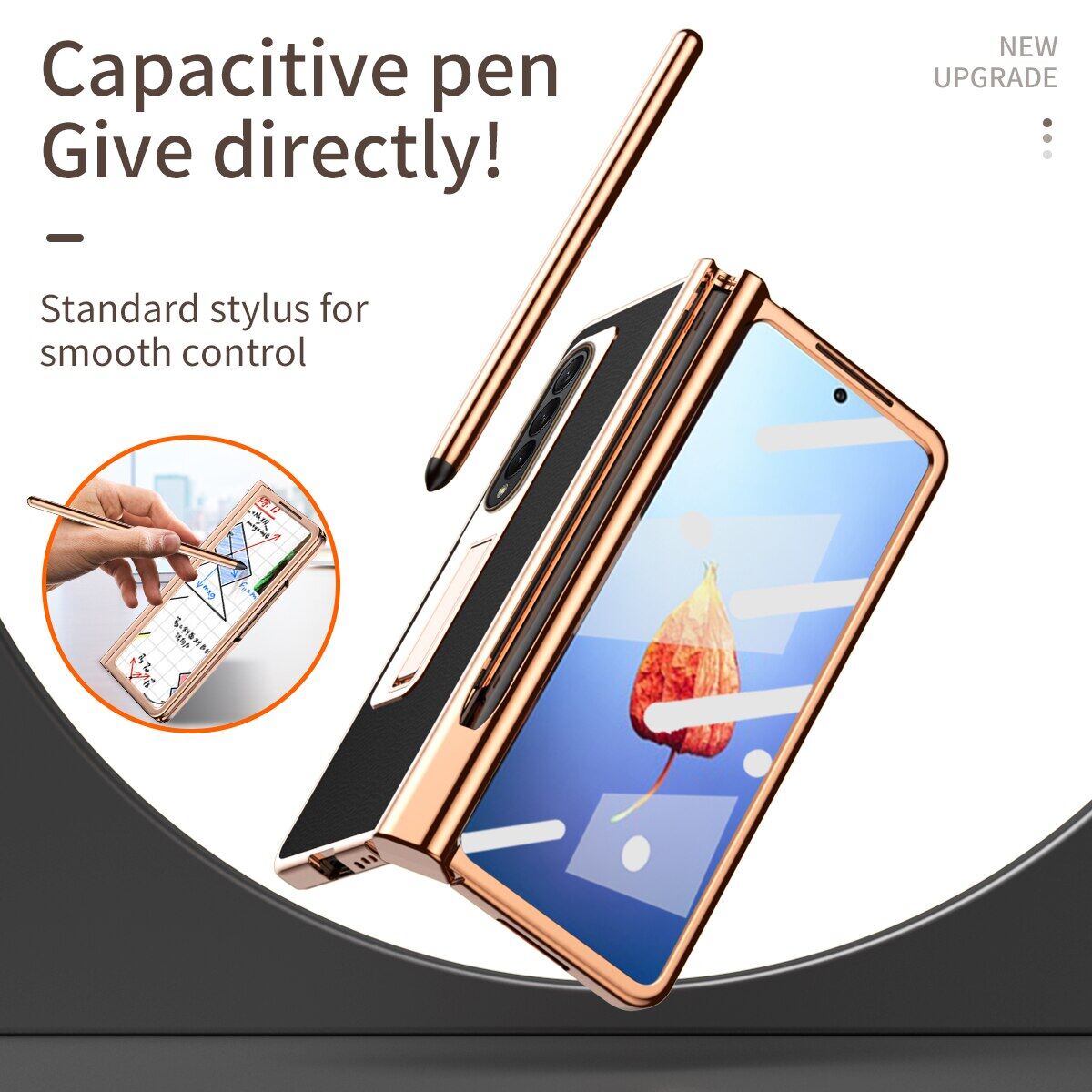 [With Pen+Screen Film] FLOVEME Plating Lychee Pattern Phone Case For Samsung Galaxy Z Fold 4 Fold 3 5G Hinge Protection With Front Screen Glass Film Stand Holder Back Cover For Galaxy Z Fold 4 Fold 3