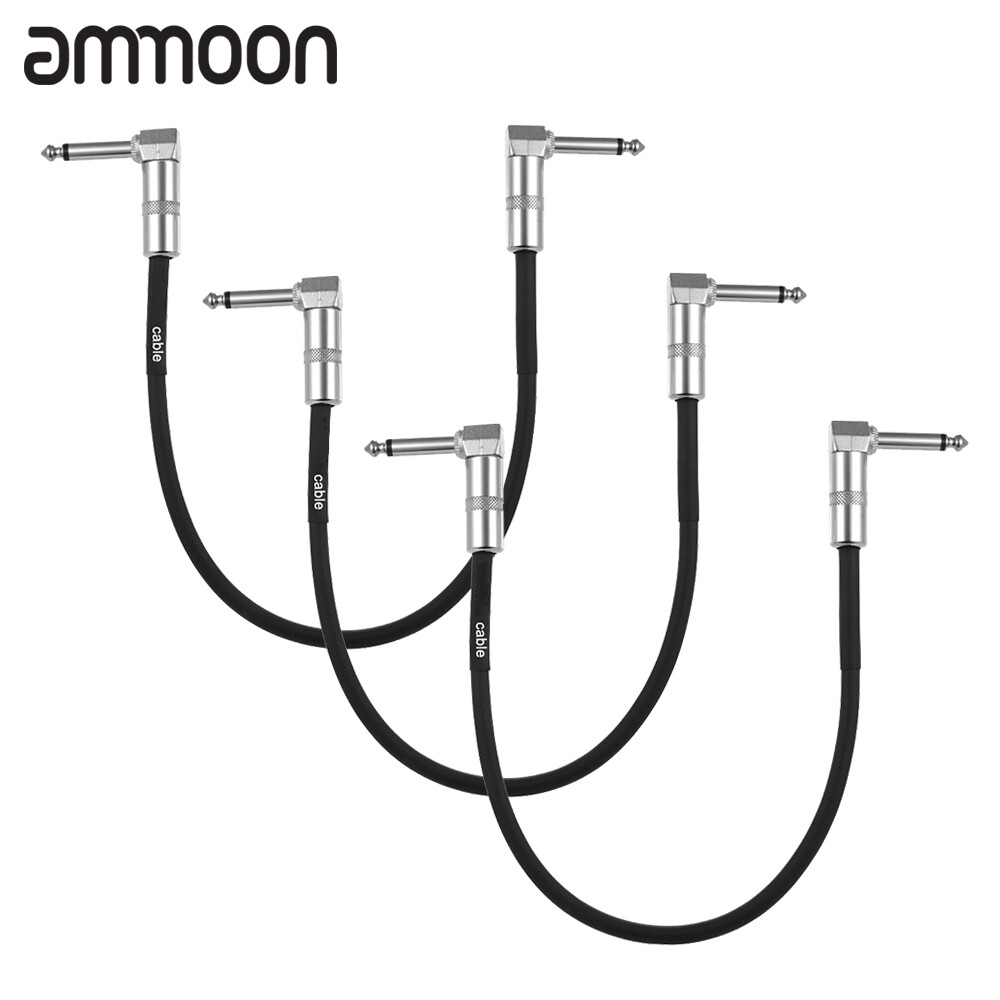 3pcs guitar effect pedal instrument patch cable 30cm/ 1.0ft long with 1/4 inch 6.35mm silver right angle plug black pvc jacket