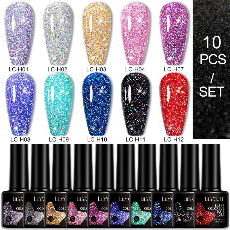 Lilycute 10pcs/set silver purple glitter gel nail polish kit spring color semi permanent need base top coat nail art gel varnish