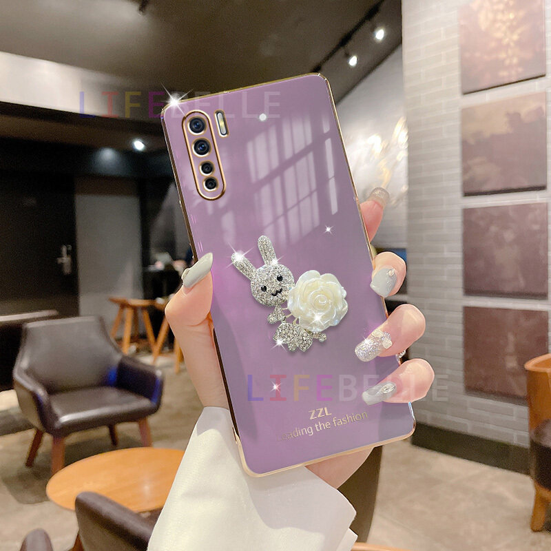 LIFEBELLE Ốp Cho OPPO A91 Reno3, Ốp Điện Thoại Mềm Mạ Hoa Đẹp Hình Thỏ Dễ Thương Thời Trang 3D Kim Cương Giả Cho Nữ Ốp Lưng Silicon Bảo Vệ Chống Sốc Cho Oppo Ốp Đôi