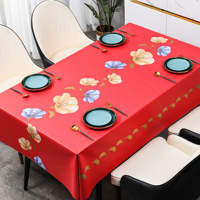 High-end New Chinese-style Festive Red Tablecloth Waterproof and Oil-proof Wash-free Rectangular Dining Table Home