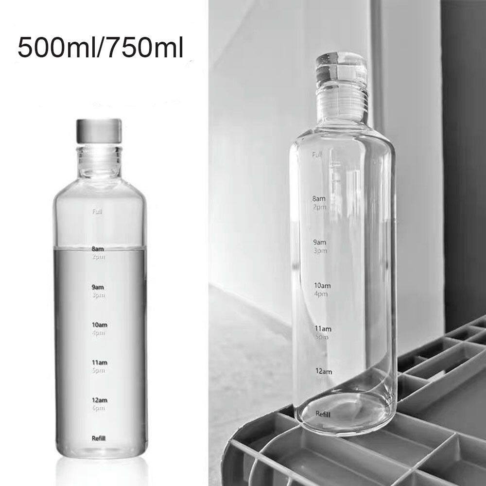 LIAOYING 500ML/750ML Quà tặng Ngoài trời Thể dục Bình nước uống Bình đựng nước thủy tinh Trong suốt Có vạch thời gian Du lịch thể thao