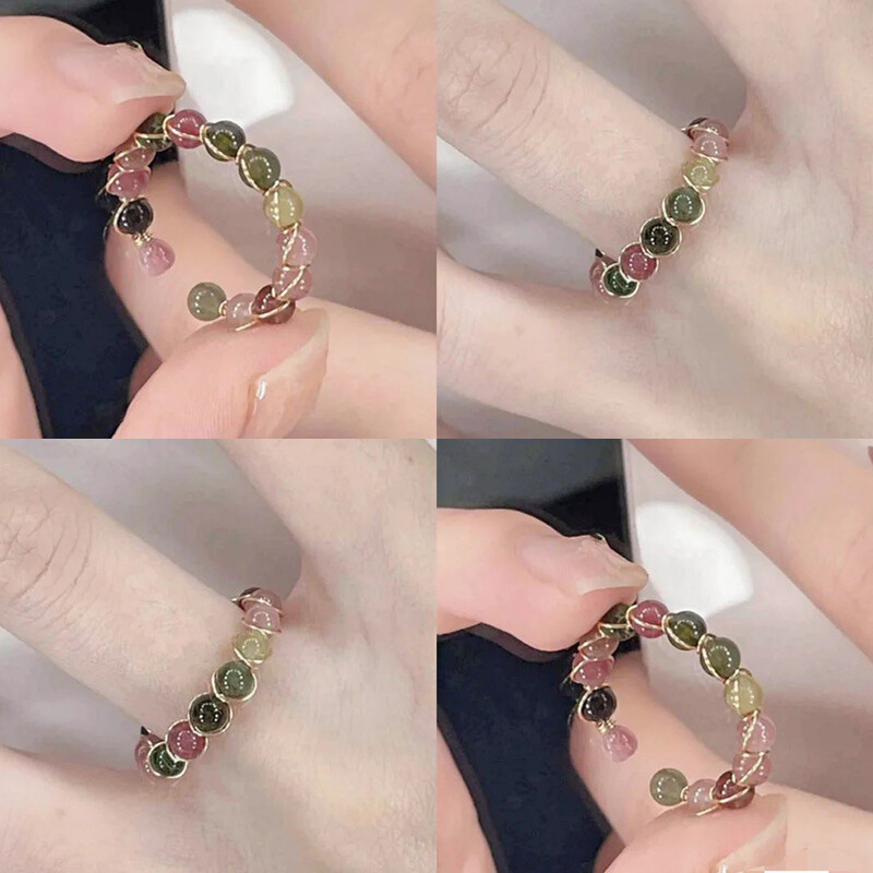 Hanlu 1pc Rainbow Tourmaline Ring Fashion Retro Handmade Metal Wire Winding Beaded Open Ring Female Jewelry