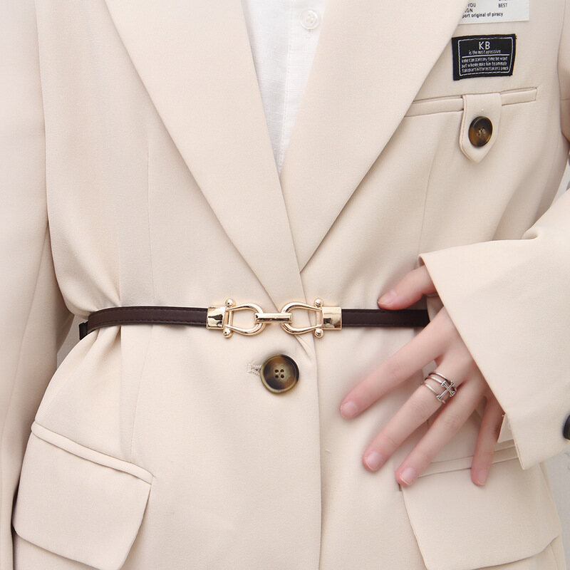 Fashion Gold Metal Hook Buckle Adjustable Thin Belts for Women Ladies Retro Faux Leather Waistband Coat Dress Waist Belt