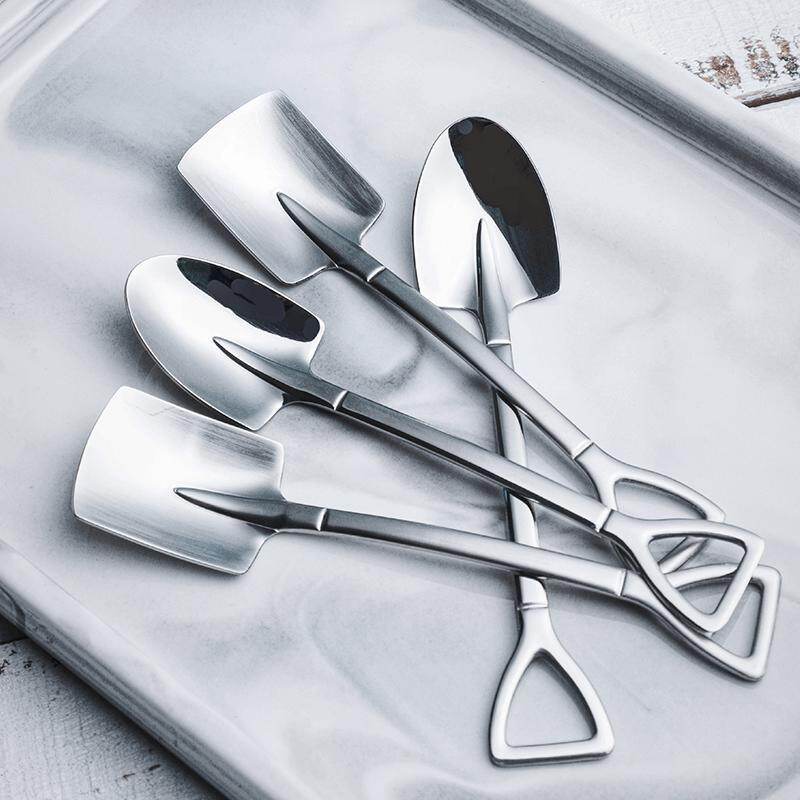 Stainless steel spade spoon, 4 pieces stainless steel dessert spoon Shovel shape latte spoon, coffee spoon Stainless steel spade spoon, tea coffee sugar spoon ICE watermelon spoon silver