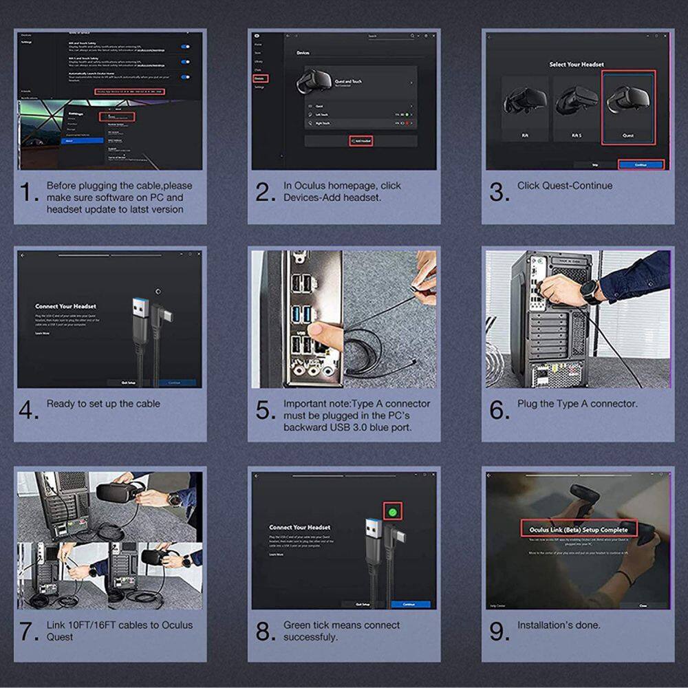 RIXINNY Cáp USB 3.0 Type C Di Động 90 Độ Khuỷu Tay Cho Oculus Quest 2 Cáp Trực Tuyến Phụ Kiện Tai Nghe VR Cáp Dữ Liệu Sạc Nhanh Cáp Sạc Nhanh Cho Quest 2 Cáp Liên Kết Dây Dữ Liệu